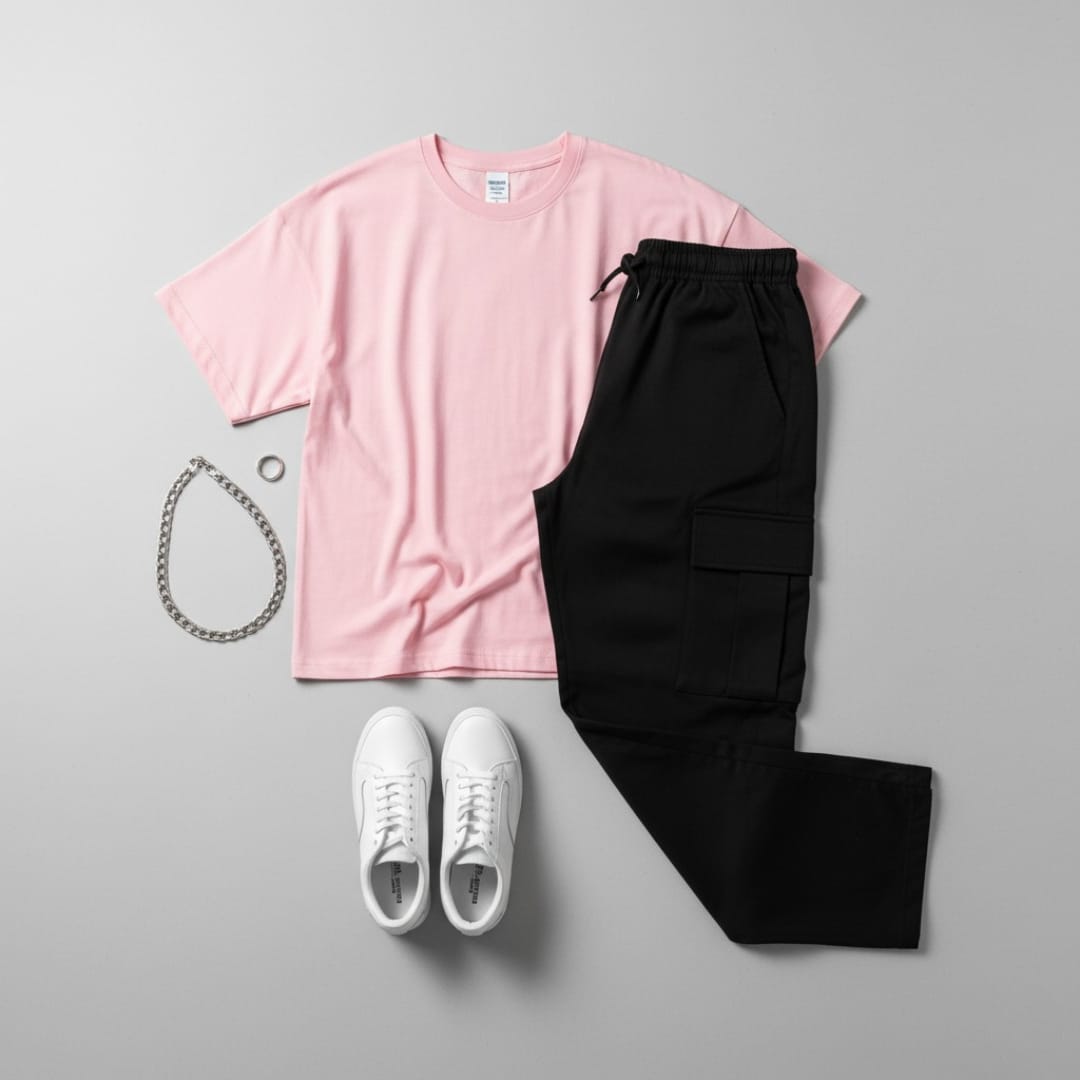 Pink t-shirt with cargo trouser set