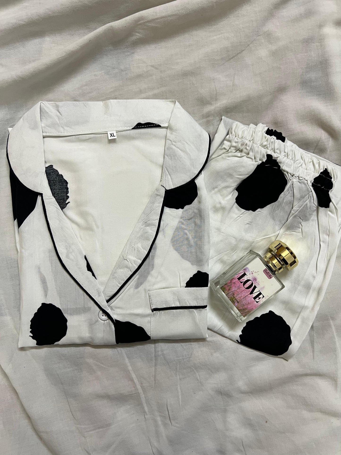 White jumbo dots summer linen pj suit