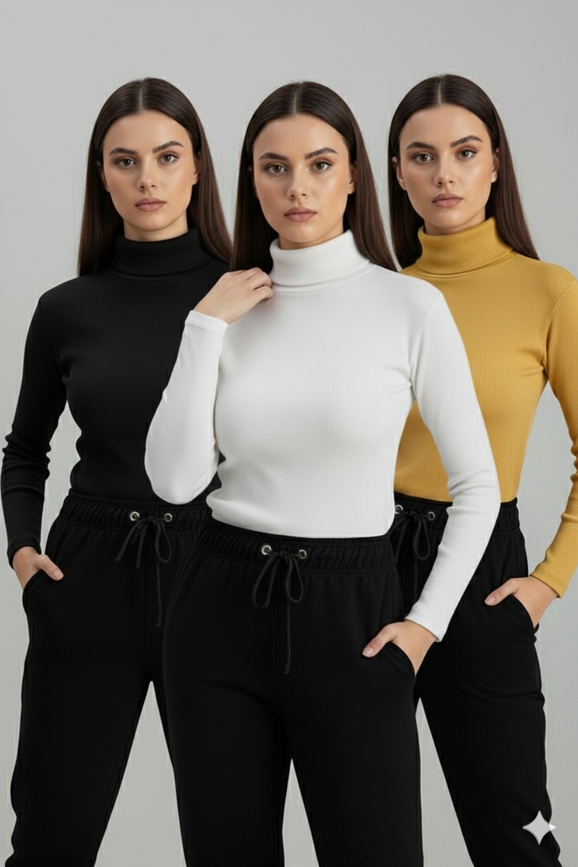 Pack of three ribbed turtleneck (black - white - yellow)