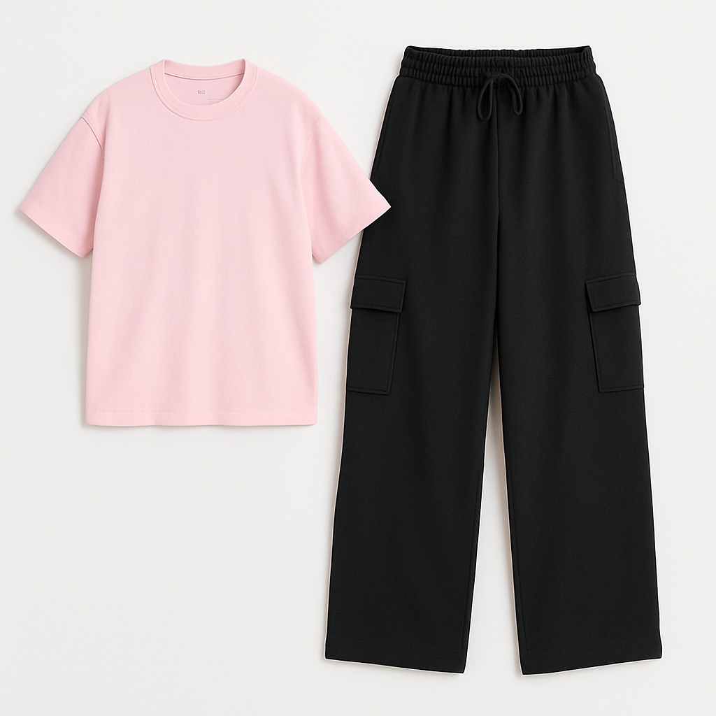 Pink t-shirt with cargo trouser set