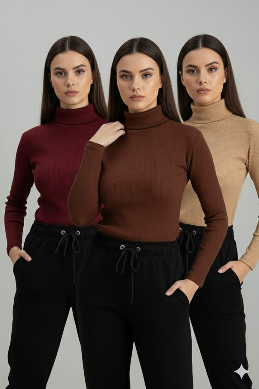 Pack of three ribbed turtleneck (maroon - brown - skin )