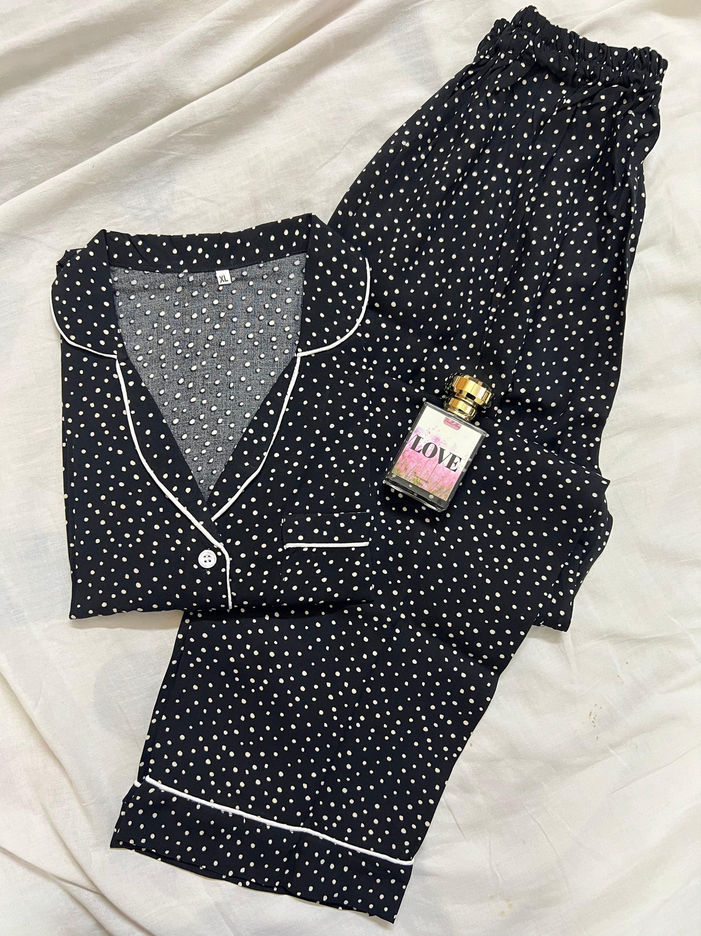 Black polka dots summer linen pj suit