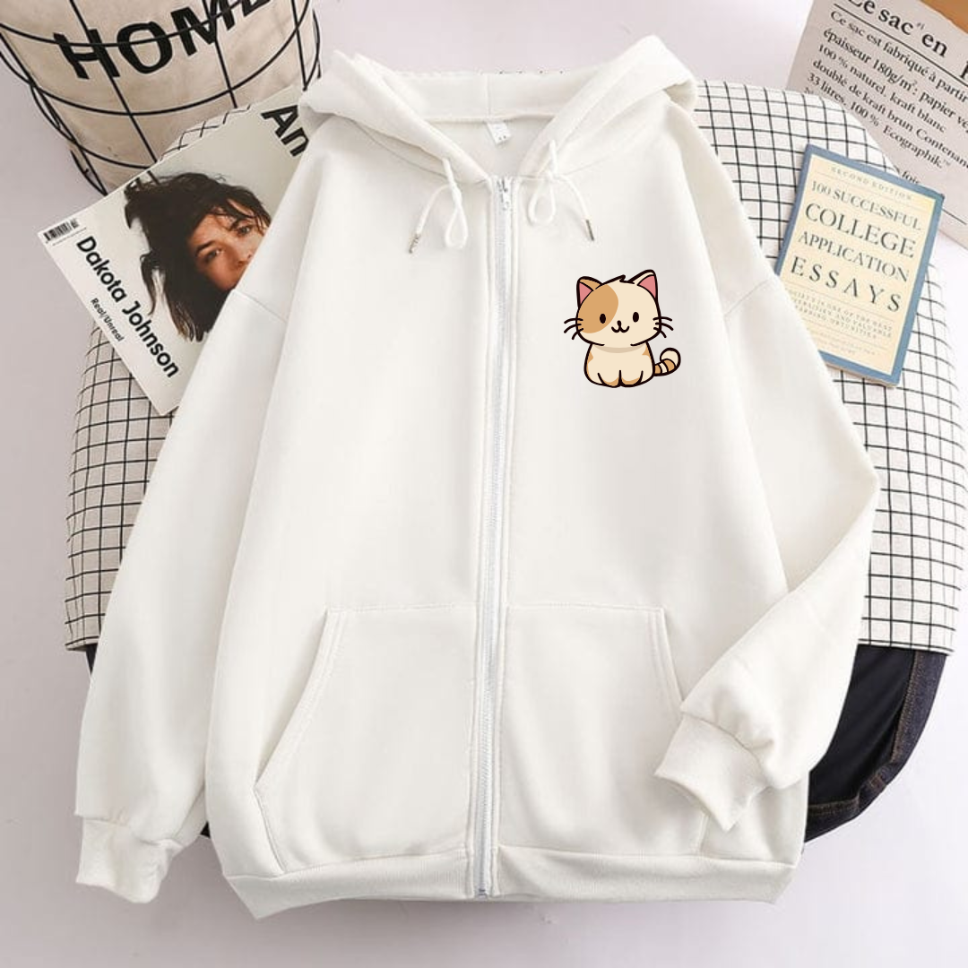 Cat Print Zipper Hoodie