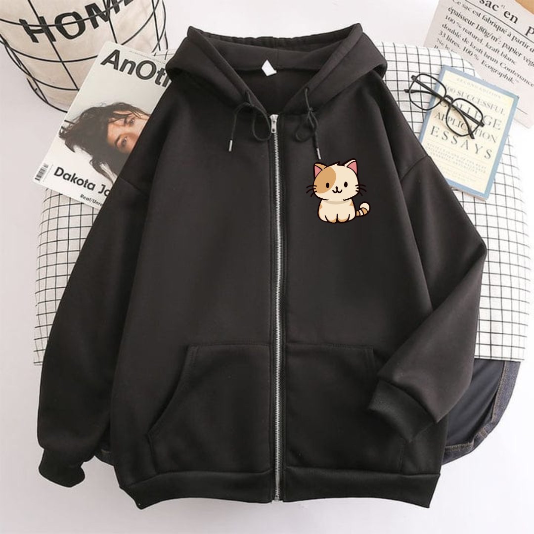 Cat Print Zipper Hoodie