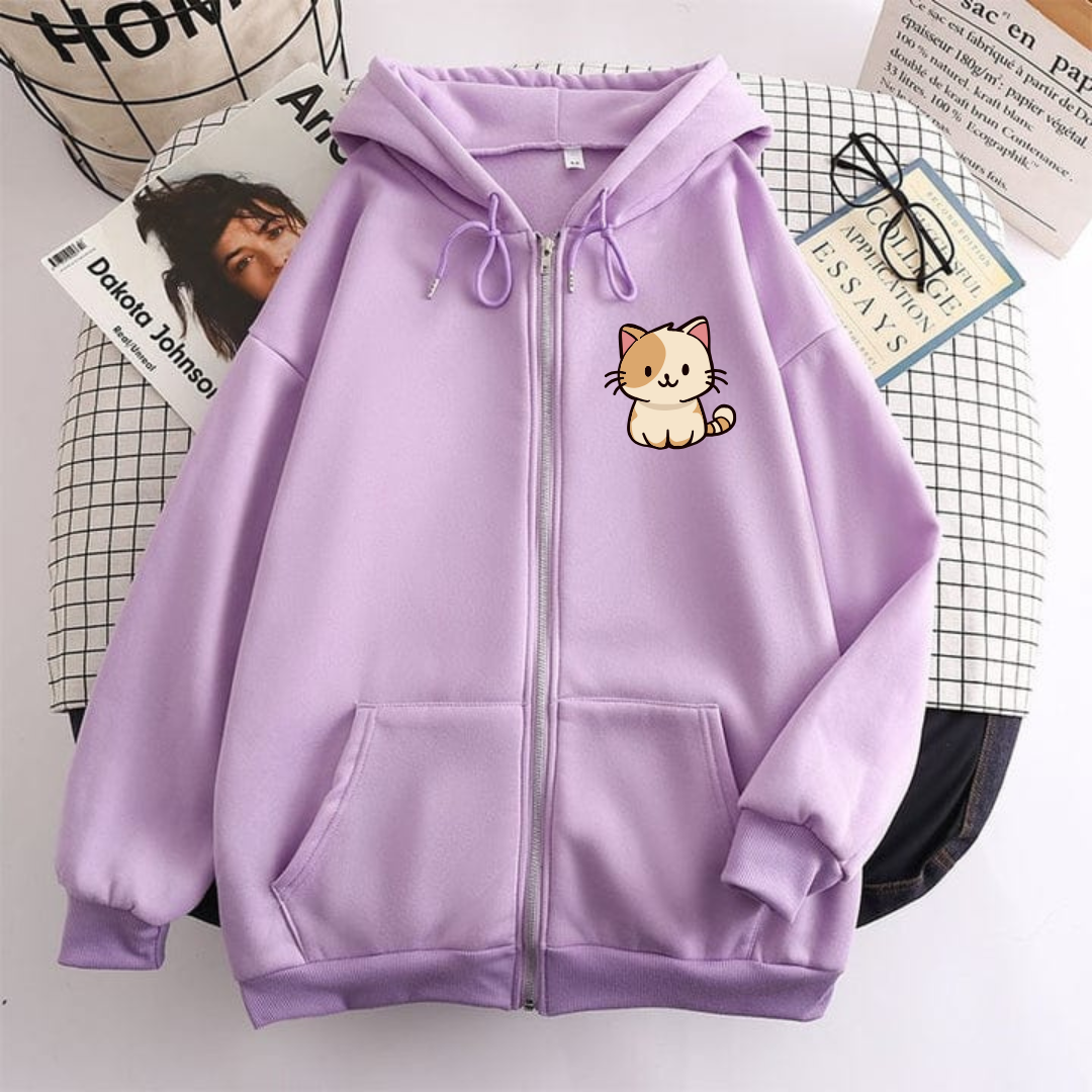 Cat Print Zipper Hoodie