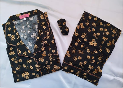 Black Golden Flowers Pyjamas With Free Scurnchie.