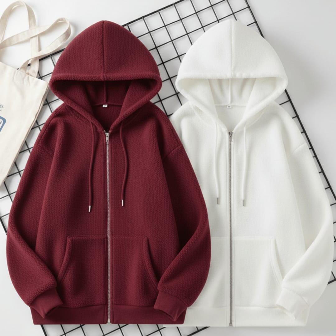 🔥MEGA SALE🔥Pack of 2 Zipper Hoodie (Maroon - White)