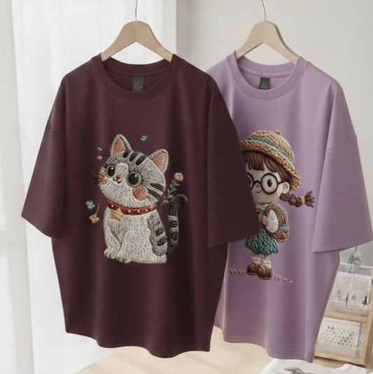 Pack of two oversize drop shoulder t-shirts (maroon cat , Lilac glasses doll)