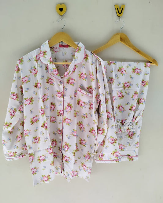 Blue & pink roses Pyjamas With Free Scurnchie.