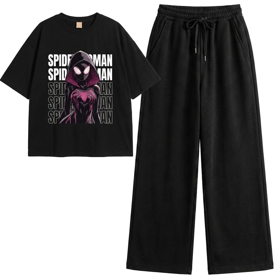 A two-piece women's loungewear set featuring a black short-sleeve t-shirt with a Spider-Man graphic and text print, paired with matching black wide-leg sweatpants with an elastic drawstring waist.