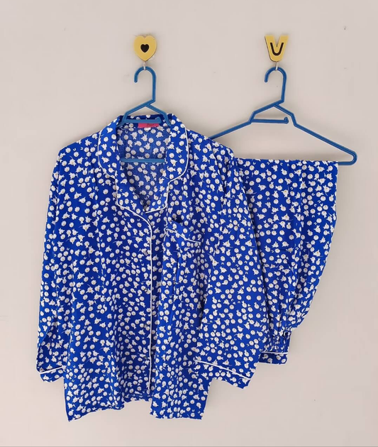 Royal Blue Flowers Pyjamas With Free Scurnchie.