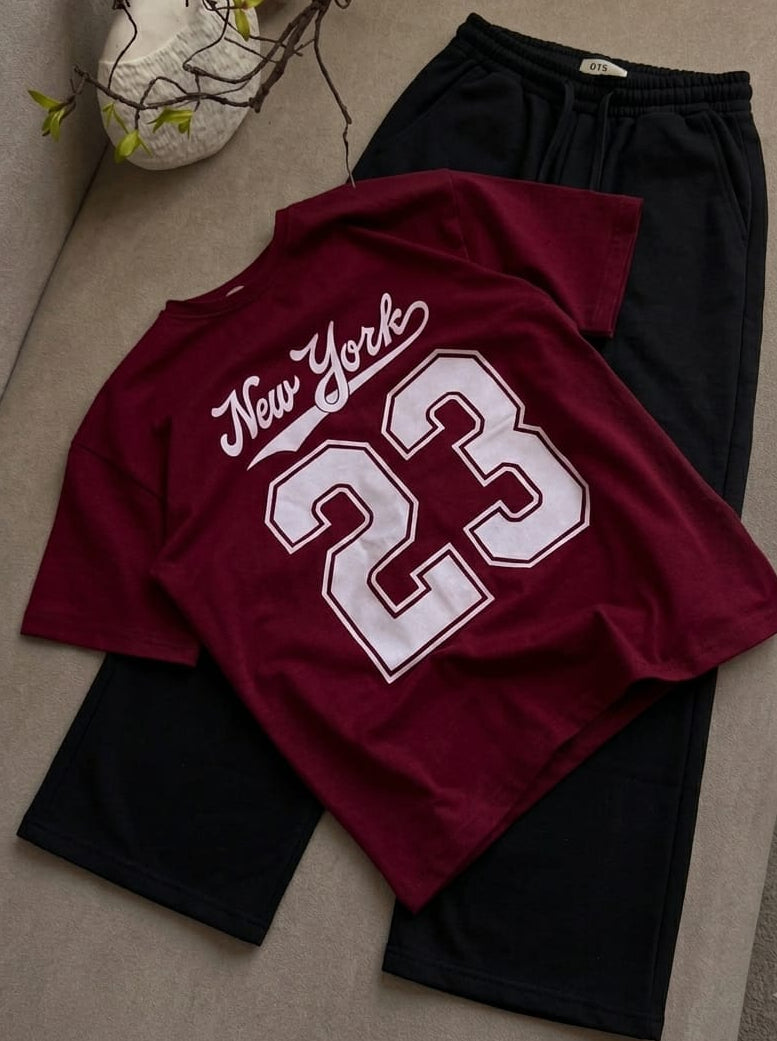 Maroon 23 oversize drop shoulder t-shirt with Black trouser