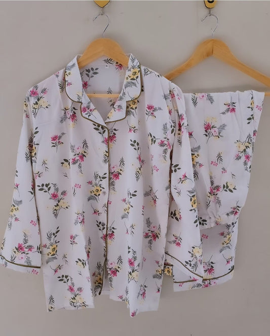 Off-white floral Pyjamas With Free Scurnchie.