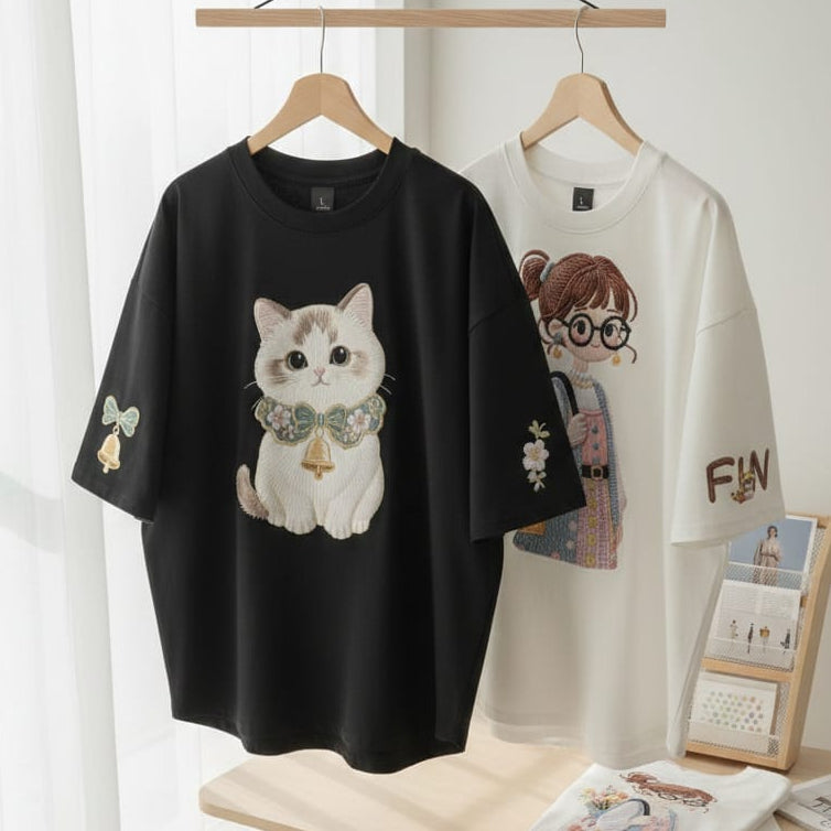 Pack of two oversize drop shoulder t-shirts (Black CAT - White Doll)