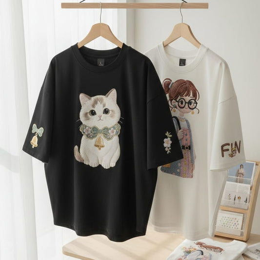 Pack of two oversize drop shoulder t-shirts (Black CAT - White Doll)