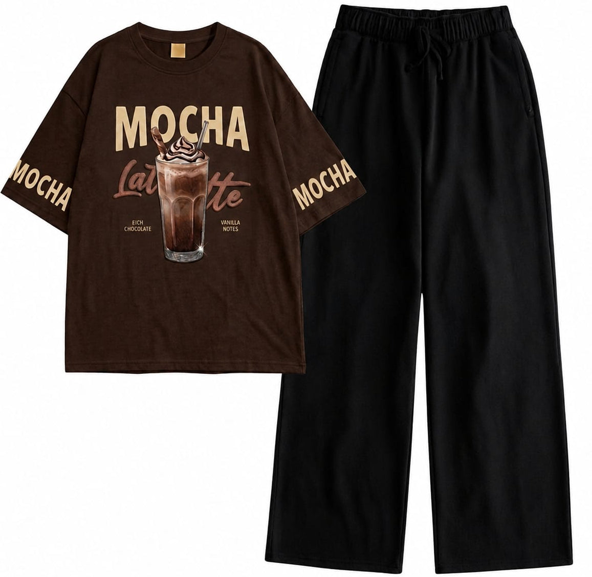 A two-piece pajama set featuring a brown short-sleeve t-shirt with a mocha latte graphic and black wide-leg pants, displayed on a clean white background.