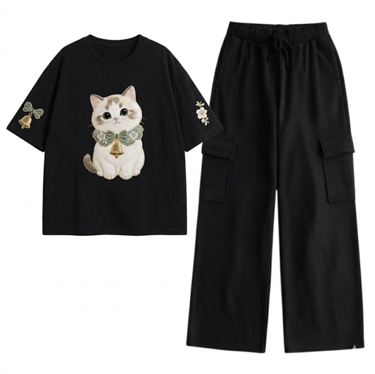 Black CAT oversize drop shoulder t-shirt with Black Cargo trouser