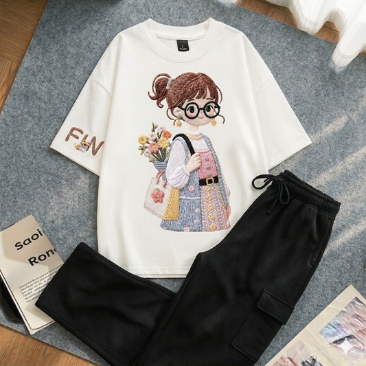 White Doll oversize drop shoulder t-shirt with Black Cargo trouser