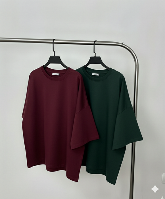Pack of two plain oversize drop shoulder t-shirts (maroon - green)