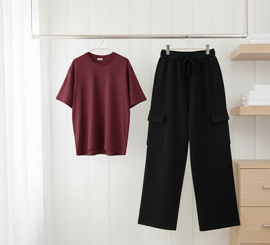 Maroon plain Tshirt with cargo trouser set
