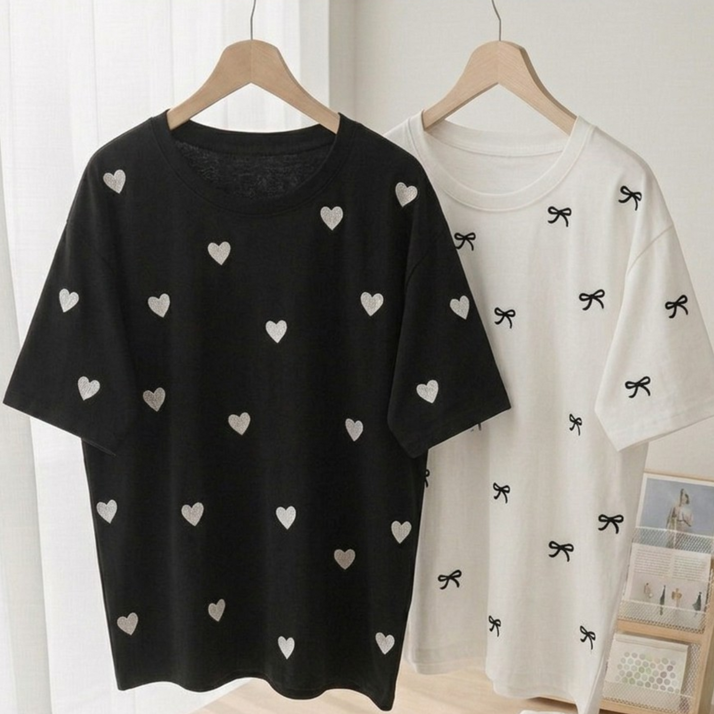 Pack of two oversize drop shoulder t-shirts (Black HEARTS - White BOW)
