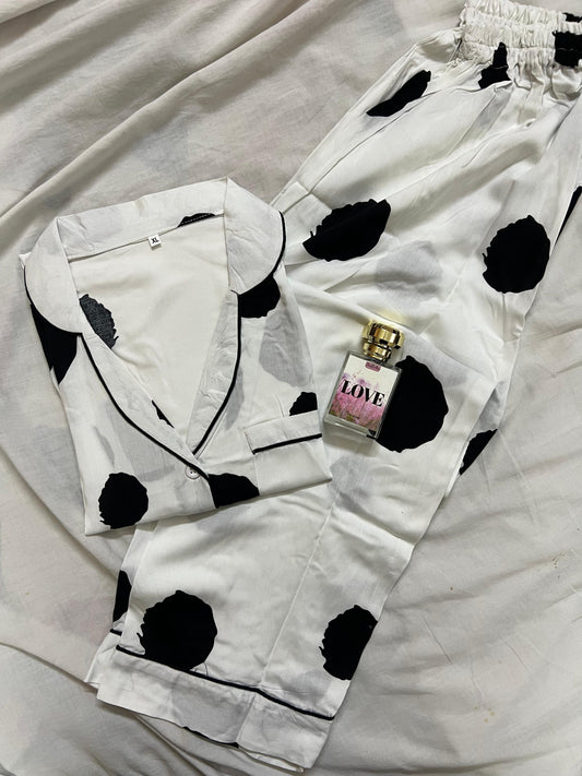 White jumbo dots summer linen pj suit