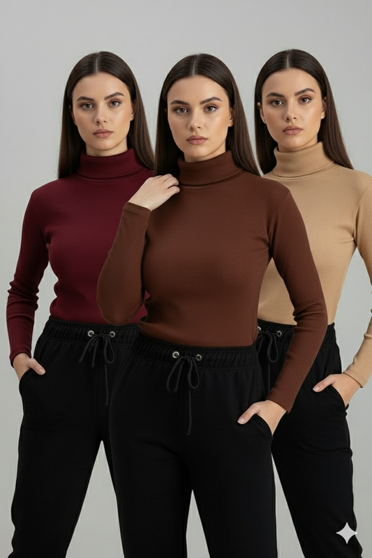 Pack of three ribbed turtleneck (maroon - brown - skin )