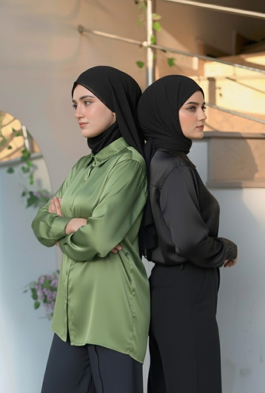 Pack of two button down silk shirts ( black - olive)