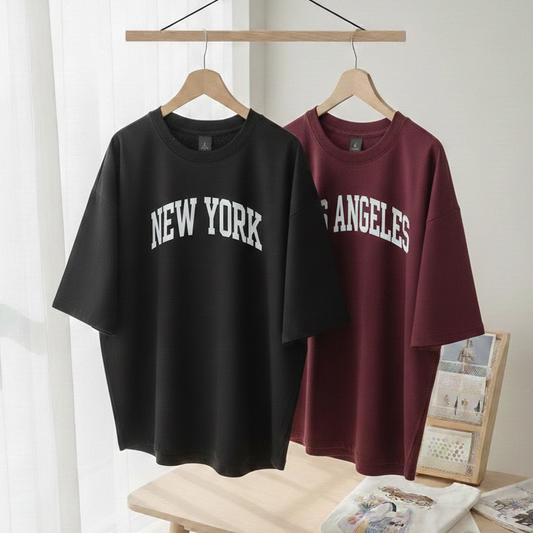 Pack of two oversize drop shoulder t-shirts black NY maroon LA