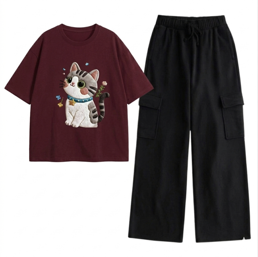 Maroon CAT oversize drop shoulder t-shirt with Black Cargo trouser