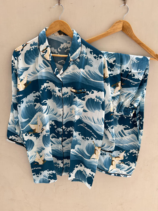 Blue peacock waves summer linen pj suit
