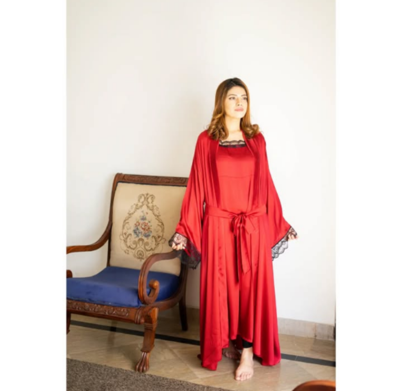 Red 2 piece long silk gown set
