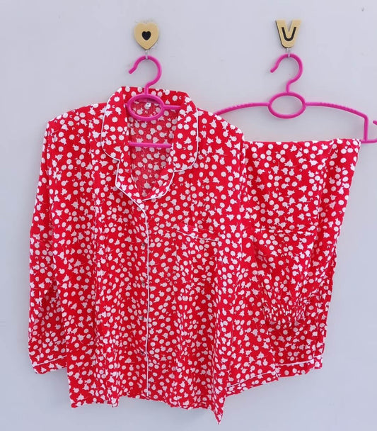 Red Flowers Pyjamas With Free Scurnchie.