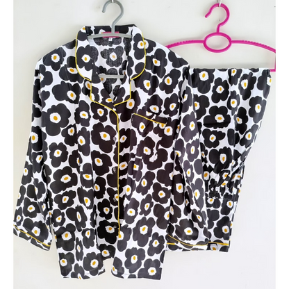 Black Yellow Floral Pyjamas With Free Scurnchie.