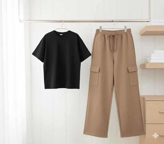 Black plain Tshirt with light brown cargo trouser set