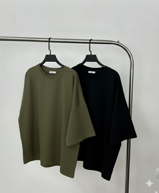 Pack of two plain oversize drop shoulder t-shirts (olive - black)
