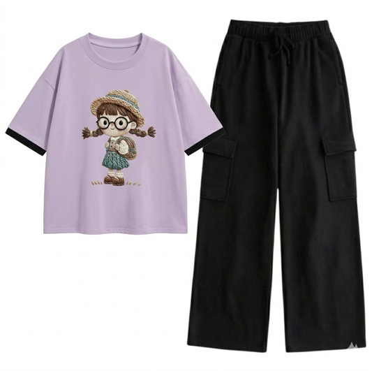 Lilac glasses Doll oversize drop shoulder t-shirt with Black Cargo trouser