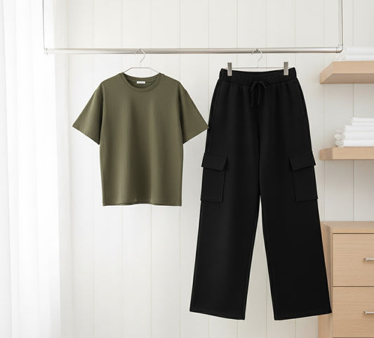 Olive plain Tshirt with cargo trouser set