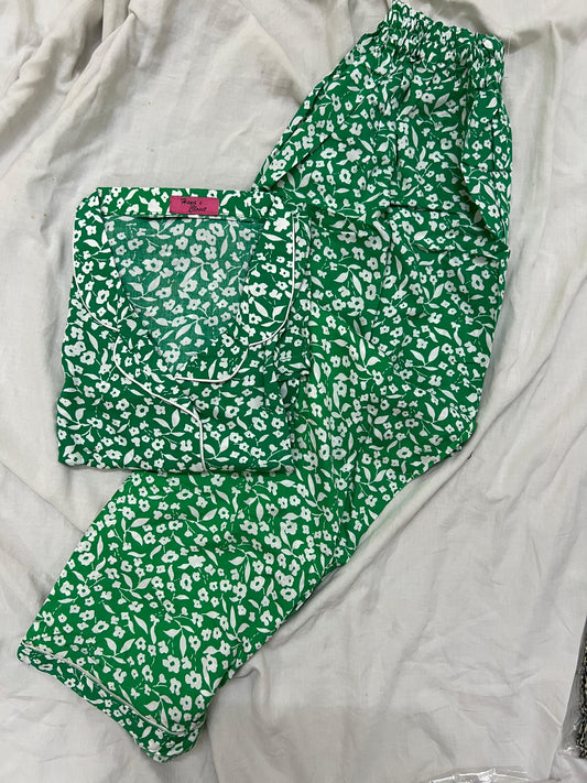Green floral Pyjamas With Free Scurnchie.