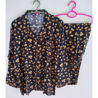 Black Golden Flowers Pyjamas With Free Scurnchie.