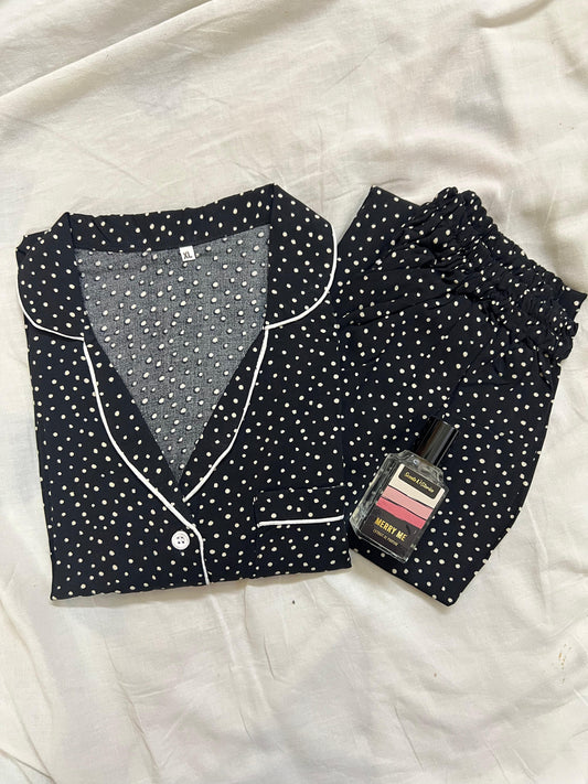 Black polka dots summer linen pj suit