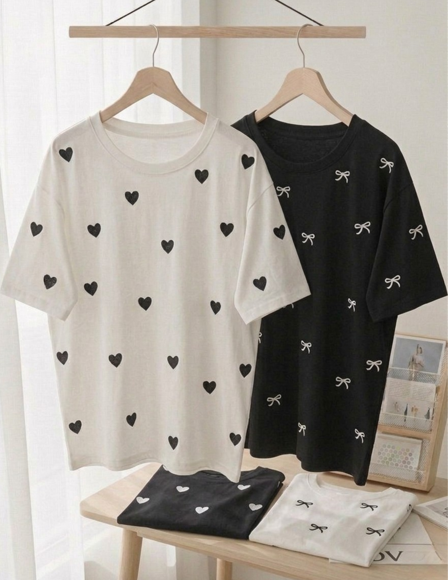 Pack of two oversize drop shoulder t-shirts (Black BOW - White HEARTS)